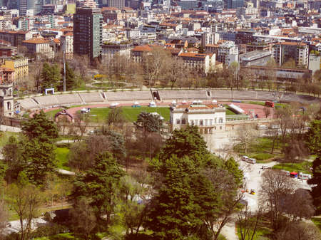 Vintage looking Aerial view of Parco Sempione park in the city of Milan in Italyの写真素材