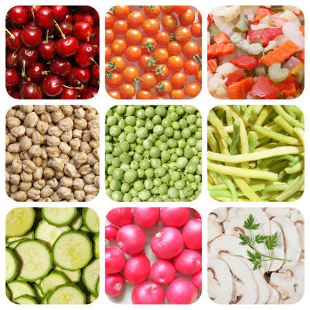 Vegetarian food collage: fruits, vegetables and mushrooms