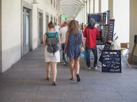 TURIN, ITALY - JUNE 19, 2015: Tourists in Via Po ancient central baroque streetのeditorial素材