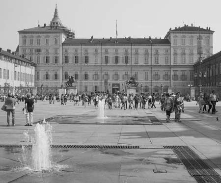 TURIN, ITALY - JUNE 19, 2015: People visiting the city centre during the Holy Shroud exhibition in black and whiteのeditorial素材