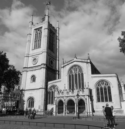 LONDON, UK - JUNE 09, 2015: People visiting St Margaret Church at Westminster Abbey in black and whiteのeditorial素材