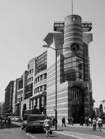 LONDON, UK - JUNE 11, 2015: No 1 Poultry is an office and retail building designed by James Stirling in the City in black and whiteのeditorial素材