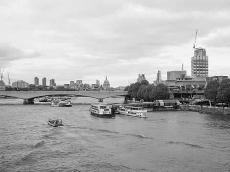 LONDON, UK - JUNE 09, 2015: Panoramic view of Thames River in black and whiteのeditorial素材