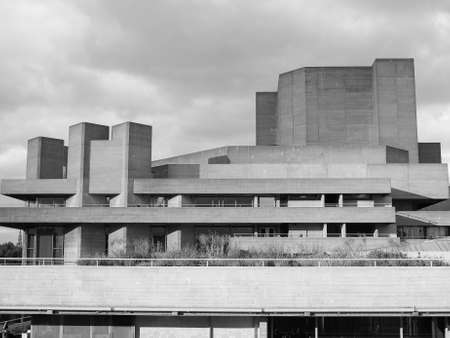 LONDON, UK - JUNE 09, 2015: The National Theatre designed by Sir Denys Lasdun is a masterpiece of new brutalist architecture in black and whiteのeditorial素材