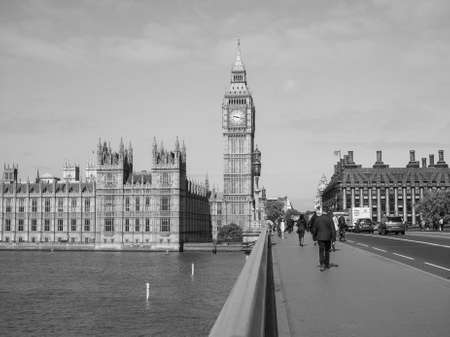 LONDON, UK - JUNE 10, 2015: Houses of Parliament aka Westminster Palace seen from Westminster Bridge in black and whiteのeditorial素材
