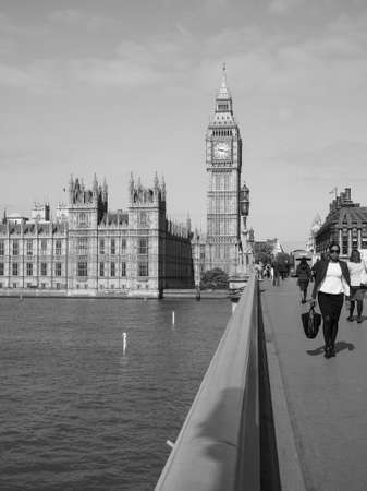 LONDON, UK - JUNE 10, 2015: Houses of Parliament aka Westminster Palace seen from Westminster Bridge in black and whiteのeditorial素材