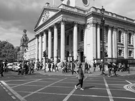 LONDON, UK - JUNE 09, 2015: Tourists in front of the Church of Saint Martin in the Fields in Trafalgar Square in black and whiteのeditorial素材