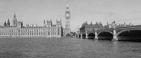 LONDON, UK - JUNE 10, 2015: High resolution panoramic view of the Houses of Parliament Big Ben and Westminster Bridge seen from river Thames in black and whiteのeditorial素材
