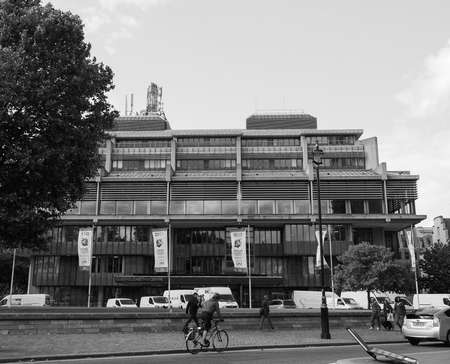 LONDON, UK - JUNE 09, 2015: Queen Elizabeth II Centre designed by Powell and Moya is the largest conference centre in central London in black and whiteのeditorial素材