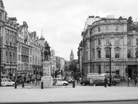 LONDON, UK - JUNE 09, 2015: People and traffic in Parliament Street in Westminster in black and whiteのeditorial素材