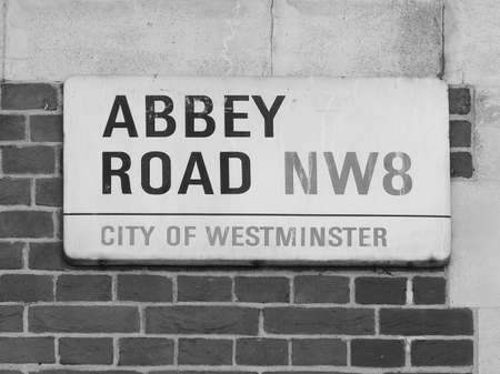 LONDON, UK - JUNE 10, 2015: Abbey Road sign made famous by the 1969 Beatles album cover in black and whiteのeditorial素材