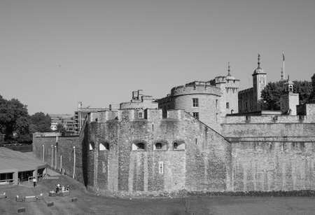 LONDON, UK - JUNE 11, 2015: Tourists visiting the Tower of London in black and whiteのeditorial素材