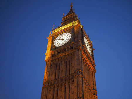 Big Ben at the Houses of Parliament aka Westminster Palace at night in London, UK
