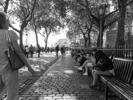 LONDON, UK - JUNE 11, 2015: Tourists in busy central London street in black and whiteのeditorial素材