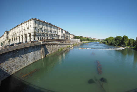 TURIN, ITALY - CIRCA SEPTEMBER, 2015: Fiume Po meaning River Po with tourists in Piazza Vittorio square seen with fisheye lensのeditorial素材