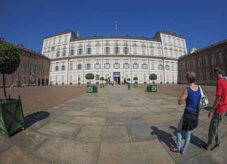 TURIN, ITALY - CIRCA SEPTEMBER, 2015: Tourists visiting Palazzo Reale meaning Royal Palace seen with fisheye lensのeditorial素材
