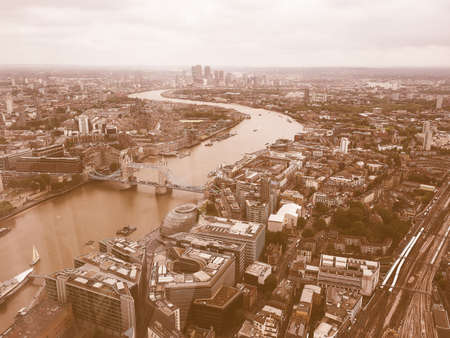 Vintage looking Aerial view of River Thames in London, UK