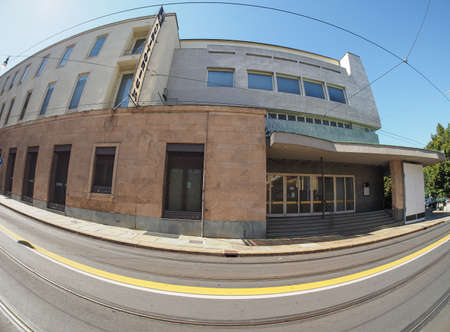 Auditorium RAI music hall designed by architect Carlo Mollino in 1958 dedicated to music director Arturo Toscanini in Turin, Italy seen with fisheye lensのeditorial素材