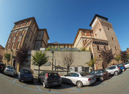 SETTIMO, ITALY - CIRCA SEPTEMBER, 2015: Torre Medievale meaning medieval tower seen with fisheye lensのeditorial素材