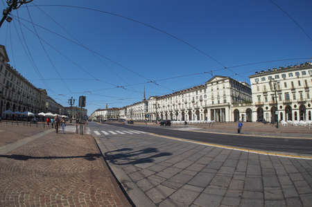 TURIN, ITALY - CIRCA SEPTEMBER, 2015: Piazza Vittorio Emanuele II is the largest square in central Turin seen with fisheye lensのeditorial素材