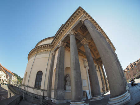 TURIN, ITALY - CIRCA SEPTEMBER, 2015: Turists visiting the Church of La Gran Madre seen with fisheye lensのeditorial素材