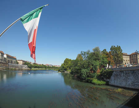 Fiume Po meaning River Po with Italian flag seen with fisheye lens in Turin, Italyの写真素材