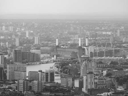 Aerial view of Battersea Power Station of London, UK in black and whiteの写真素材