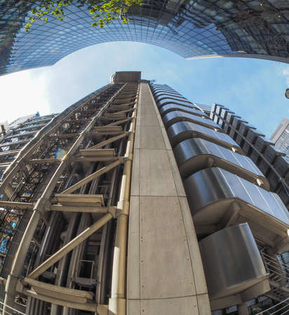 LONDON, UK - SEPTEMBER 29, 2015: Lloyd of London is an iconic high tech skyscraper designed by architect Richard Rogers seen with fisheye lensのeditorial素材