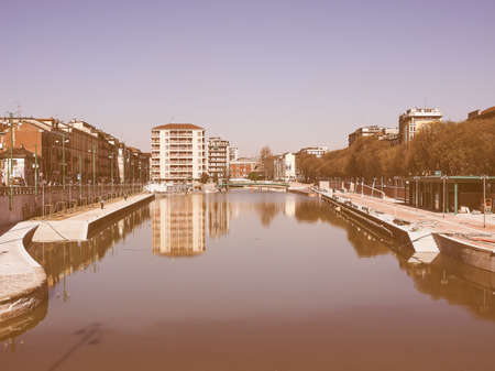 Vintage looking MILAN, ITALY - MARCH 28, 2015: The City harbor known as La Darsena is being redeveloped as part of the Expo Milano 2015 international exhibitionのeditorial素材