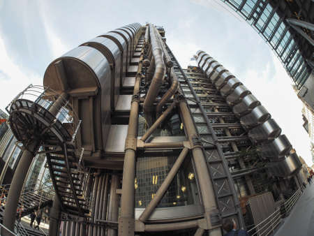 LONDON, UK - SEPTEMBER 29, 2015: Lloyd of London is an iconic high tech skyscraper designed by architect Richard Rogers seen with fisheye lensのeditorial素材