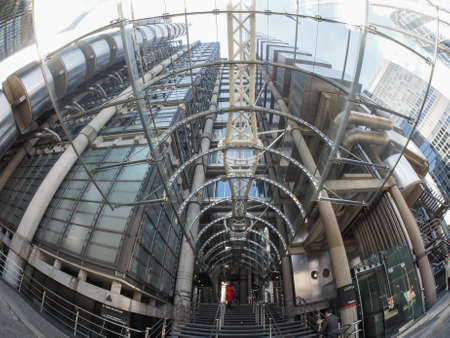 LONDON, UK - SEPTEMBER 29, 2015: Lloyd of London is an iconic high tech skyscraper designed by architect Richard Rogers seen with fisheye lensのeditorial素材