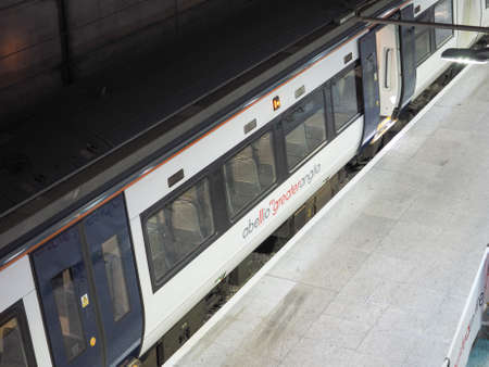 STANSTED, UK - SEPTEMBER 24, 2015: Airport train station with trains for London