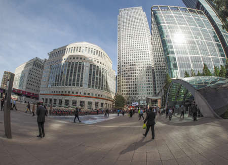 LONDON, UK - SEPTEMBER 29, 2015: The Canary Wharf business centre is the largest business district in the United Kingdom seen with fisheye lensのeditorial素材