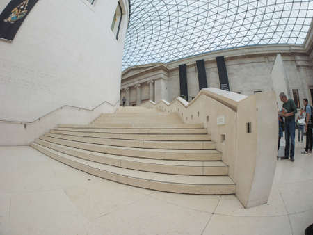 LONDON, UK - SEPTEMBER 28, 2015: Tourists in the Great Court at the British Museum designed by architect Lord Norman Foster opened in year 2000 seen with fisheye lensのeditorial素材