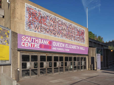 LONDON, UK - SEPTEMBER 28, 2015: Queen Elizabeth Hall and Purcell Room iconic masterpiece of the New Brutalism and world class music venue part of the South Bank Centreのeditorial素材