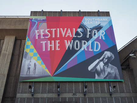 LONDON, UK - SEPTEMBER 28, 2015: Festivals for the world billboard with David Byrne at Southbank Centreのeditorial素材
