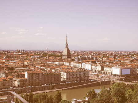 Vintage looking Aerial view of the city of Turin, Italy seen from the hillの写真素材