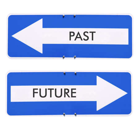 Direction arrow sign, back arrow meaning past, forward arrow meaning futureの写真素材