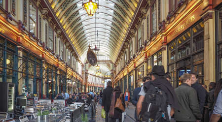 LONDON, UK - SEPTEMBER 29, 2015: Tourists in Leadenhall Market covered market on Gracechurch Streetのeditorial素材