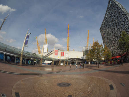 LONDON, UK - SEPTEMBER 29, 2015: The Millennium Dome built in celebration of the third millennium in year 2000 now houses the O2 arena music hall seen with fisheye lensのeditorial素材