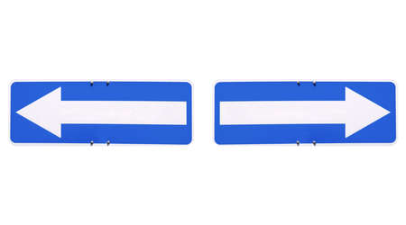 Blank direction arrow sign with copy space, type your own text, left and right arrows over blue backgroundの写真素材