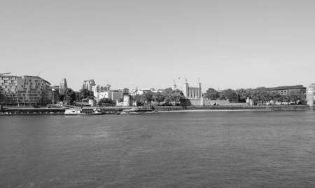 Tower Bridge on River Thames in London, UK in black and whiteの写真素材