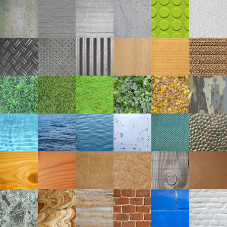 Set of textures useful as background including concrete steel cardboard bricks water grass leaves marble plastics glass wood fabricの写真素材