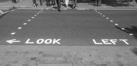Look Left sign in a London street in black and whiteの写真素材