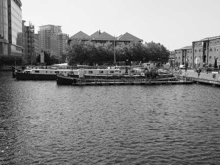 LONDON, UK - JUNE 11, 2015: West India Quay in Docklands in black and whiteのeditorial素材