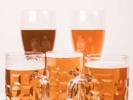 Many glasses of German beers including weiss dunkel and lager vintageの写真素材