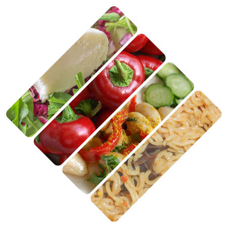 Vegetarian food collage: salads, cheese, curry, cucumbers, noodles and red hot chili peppers