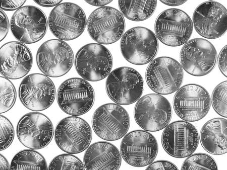Dollar coins 1 cent wheat penny cent currency of the United States in black and white