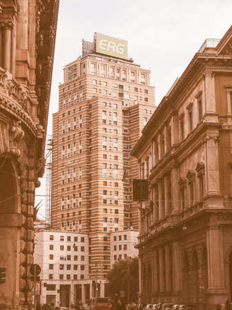 GENOA, ITALY - MARCH 16, 2014: The Torre Piacentini skyscraper designed by architect Marcello Piacentini in rationalist style in 1935 was the highest building in Italy at the time of its construction vintageのeditorial素材