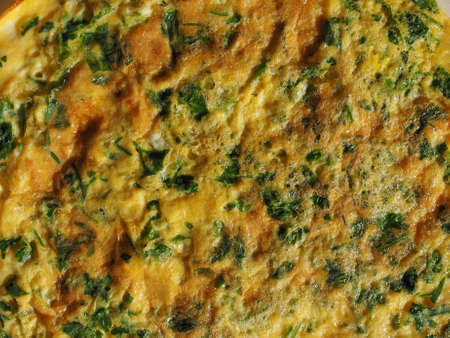Omelette with beaten eggs fried with parsley and cilantro herbs useful as a background